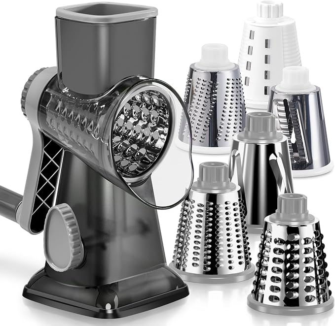 KEOUKE Rotary Cheese Grater Pro 6 in 1 - Shredder Crinkle Slicer Grinder Ice Shaver, Stable Suction, Time-saving Easy Use & Clean, Safe Morden Kitchen Tool for Cheese, Vegetable, Nuts, Chocolate