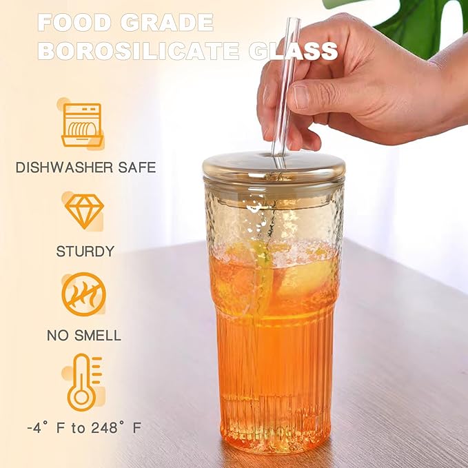 JunVpic Glass Cups with Lids and Straws, Amber 20 OZ Iced Water Glasses Tumblers for Ice Juice, Tea, Milk, Smoothie and Cold or Hot Drinks, Set of 2