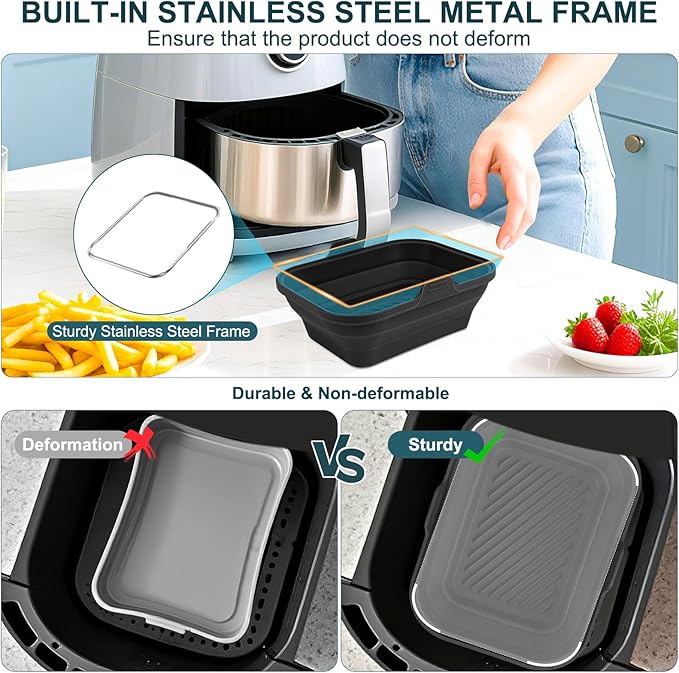 Silicone Air Fryer Liners Collapsible, 8.2 Inch Reusable Air Fryer Liners With lid-Long-lasting Freshness - Easy to Clean Air Fryers Pot for 5.8 to 8 Qt Baking Tray Oven Accessories, Black