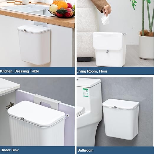 2.4 Gallon Kitchen Compost Bin for Counter Top or Under Sink, Hanging Small Kitchen Trash Can with Lid, Wall Mounted Waste Basket Bin Garbage Can for Bathroom (White)