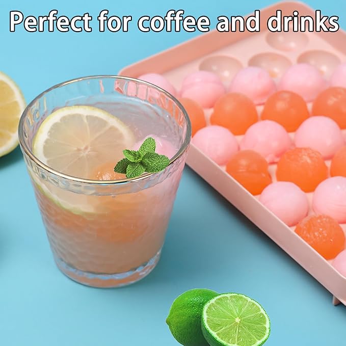 Ice Cube Tray with Lid, 33 Sphere Ice Cube Mold for Freezer, Stackable Round Ice Ball Maker Circle Ice Trays for Cocktails, Whiskey, Coffee, Drinks (Pink)
