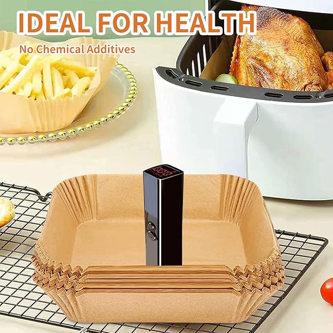 Air Fryer Liners Disposable Square, 100PCS 7.9 INCH Airfryer Liners, Natural Non-stick Parchment Paper for Air Fryer Oil-proof Water-proof, Paper liners for air fryer, Steamer, Baking, Microwave Etc