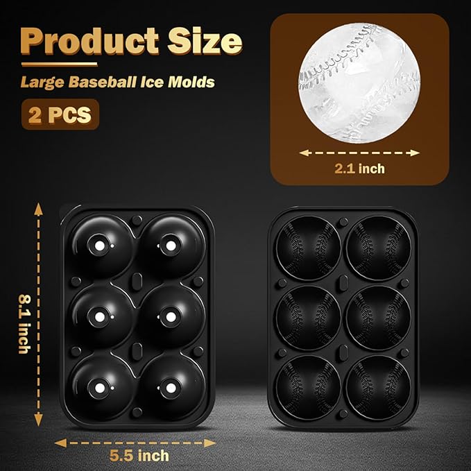 2 Pack Baseball Ice Cube Molds 2.2 Inch Large Baseball Silicone Ice Cube Molds Fun Shapes Craft Sphere Ice Molds Novelty Christmas Gifts for Men Women Cocktails, Bourbon, Brandy, Whiskey(2, Baseball)