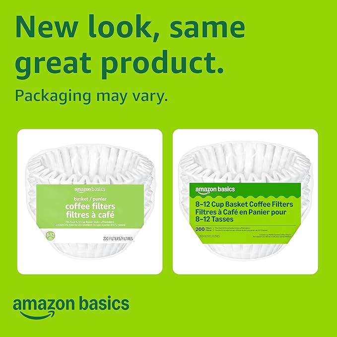 Amazon Basics Basket Coffee Filters for 8-12 Cup Coffee Makers, White, 200 Count