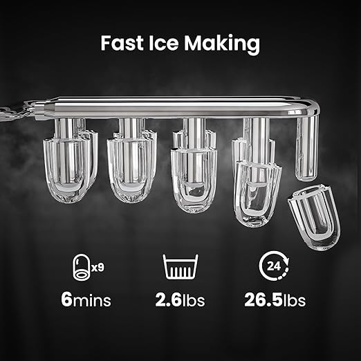 AGLUCKY Ice Makers Countertop with Handle,26.5Lbs/24H,9 Cubes in 6 Mins,2 Sizes of Bullet Ice,Portable Machine with Self-Cleaning,Perfect for Home Kitchen(Black)