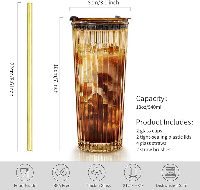 Puraville 2 Pack 18oz Glass Cups with Lids and Straws, Vintage Ribbed Striped Thickened Glassware for Whiskey Cocktail Beer, Mason Jar Drinking Glasses Tumbler Iced Coffee Cup, Amber