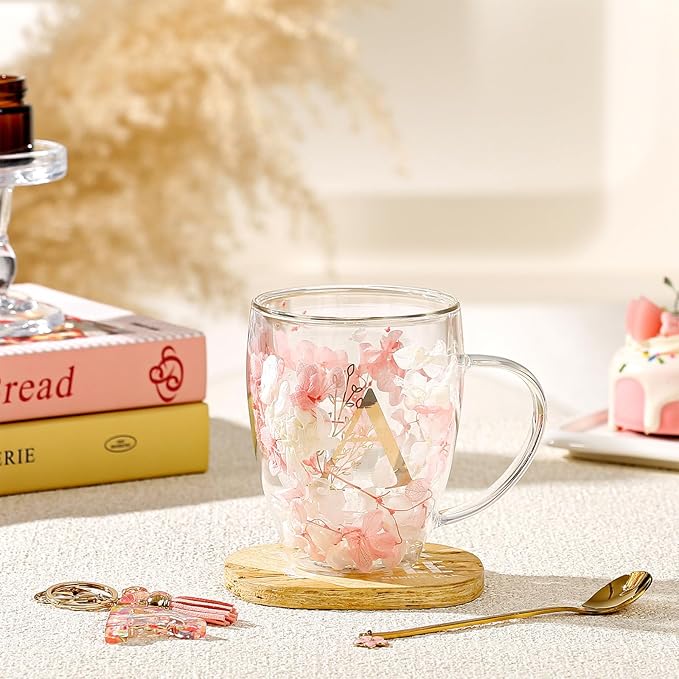 Personalized Gifts for Women Cute Monogrammed Double Wall Glass Coffee Mug Tea Cup with Spoon Customized Birthday Valentine Mother's Day Christmas Gift for Mom Wife Friends Sister Coworker(Letter A)