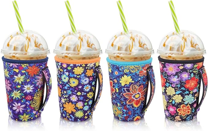 4Pack Reusable Iced Coffee Sleeve Insulator Sleeves for Cold Drinks Beverages, Neoprene Cup Holder for Most Coffee, Fits 22-24oz Medium Cups (Abstract Flowers with Handle)