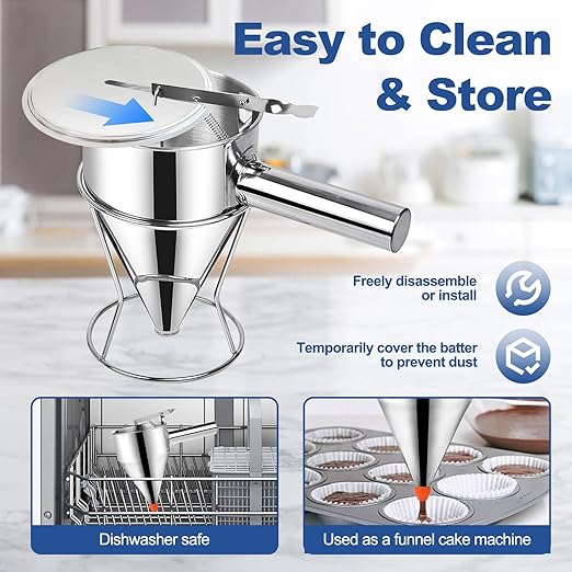 Pancake Batter Dispenser,40oz Stainless Steel Funnel Cake Dispenser,with Lids,Stand,4 Silicone Nozzles,Brush,Egg Beater,Easy Control Batter Dispenser for Pancakes,Cupcakes, Funnel Cakes,Muffins & More