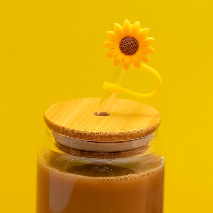 The Love Crate Co. Sunflower Gifts for Women - Glass Tumbler with Lid and Straw, Customized Straw Stopper and Cup Sleeve. Aesthetic Unique Design Iced Coffee Gift Cup for Mom, Teacher, Friend