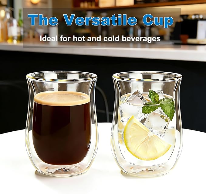 Easyworkz Double Walled Glass Coffee Mugs,Set of 2 (8.5 fl oz / 250ml) - Clear Borosilicate Glass Cups for Coffee, Tea, Whiskey, Cocktails & All Beverages