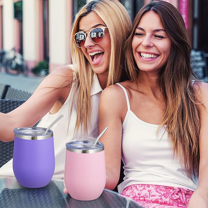 COMOOO Stainless Steel Wine Tumbler Glass Bulk with Lid and Straw 12oz Double Wall Vacuum Insulated Travel Tumbler Cup for Coffee Wine Cocktails Ice Cream Cup, Pink, 16 pack