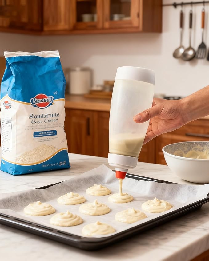 Pancake Batter Dispenser & Mixer with BlenderBall Whisk, 2-Pack 33oz Leak-Proof Squeeze Bottles with Base for Pancakes, Crepes, Waffles, Muffins & Cupcakes