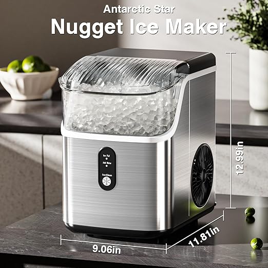 Antarctic Star Nugget Ice Maker Countertop, Chewable Nugget Ice Machine with Automatic Cleaning, Fast Ice Making 34Lbs/24H, One Click Operation for Office/Home/Bar (Stainless Steel Silver)