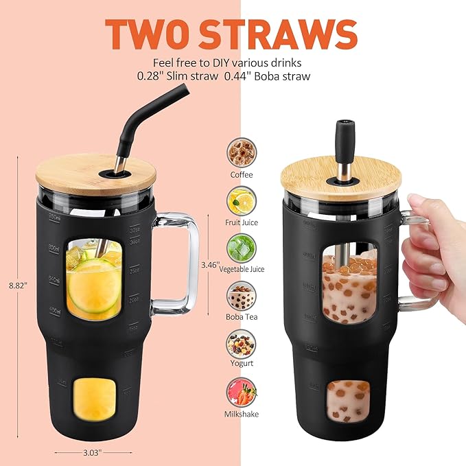 WINSA Glass Tumbler with Lid, 32 oz Glass Cup with Handle, Glass Water Bottles with Time Marker, 2 Straws - Pearl Straw & Silicone Protective Sleeve - Black