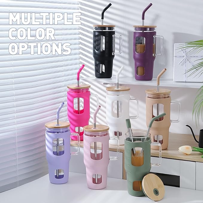 WINSA Glass Tumbler with Straw and Lid, 32 oz Glass Cup with Handle, Glass Water Bottles with Time Marker, Silicone Protective Sleeve - White