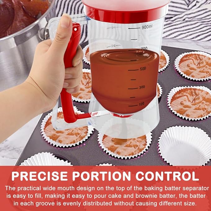 4 Cup Pancake Cupcake Batter Dispense With 900mL Measuring Label,and Silicone Oil Brush & Scraper, Cupcake Batters Dispenser for Cupcakes Crepes,Cake or Any Baked Goods(Red)