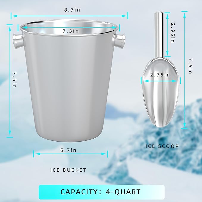 Champagne Bucket With Ice Scoop,Stainless Steel Wine Bucket For Bar,large Ice Buckets For Parties, Wine Chiller With Handles 4 Quart