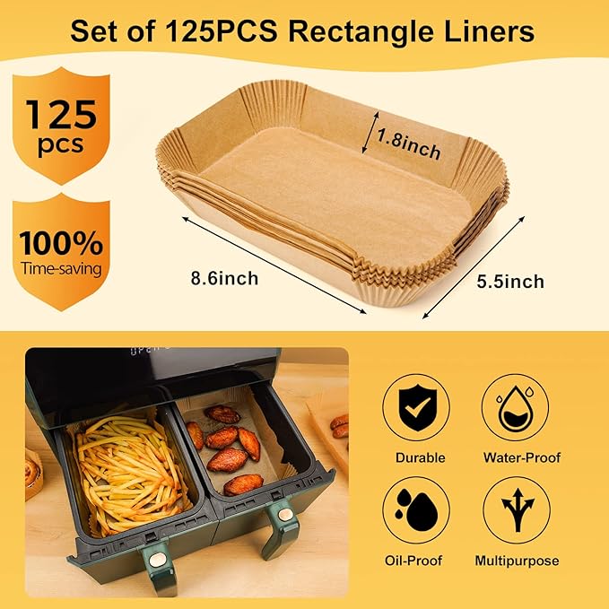 Air Fryer Disposable Paper Liners: 125Pcs Rectangle 8.6x5.5" Parchment Paper Non-stick Food Grade Liners for Dual Basket | Rectangular Air Fryer