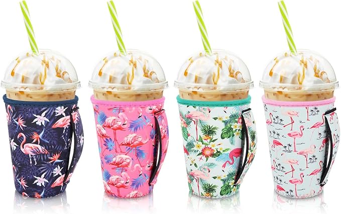 4Pack Reusable Iced Coffee Sleeve Insulator Sleeves for Cold Drinks Beverages, Neoprene Cup Holder for Most Coffee, Fits 22-24oz Medium Cups (Flamingo)