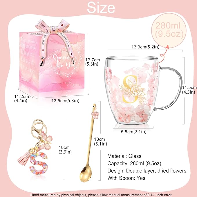 Gifts for Women Double Wall Flower Glass Coffee Mug Initial Glass Cup Personalized Monogrammed Birthday Wedding Christmas Graduation Valentine Mothers Day Gifts for Mom Wife Friends Coworker Bride (S)