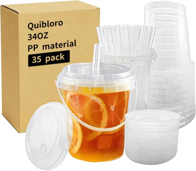 34oz 35pack Drink Buckets with Lids and Straws, Reusable Plastic Bucket Cups for Coffee & Boozy Drinks, Handheld Beverage Buckets for Pool Party, Beach, Picnic, Travel & Outdoor Supplies