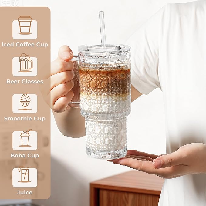 17oz Water Glass Tumbler with Handle & Lid Coasters, Reusable Iced Coffee Cups with Straws – Set of 2, Glass Cups for Beverages,Smoothies, Juice, Coffee, Tea