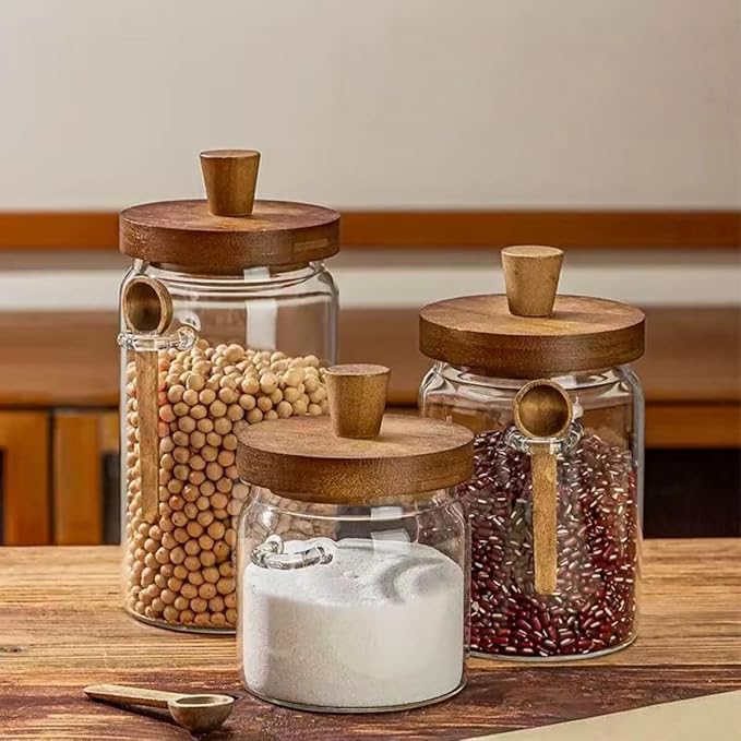 ANSQU Glass Jar with Wooden Lid & Spoon, 13.5oz Food Storage Containers Coffee Jar Coffee Grounds Container, Sugar Canister (1pack)