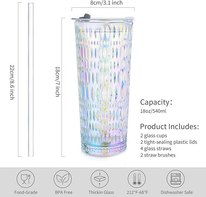 Puraville 2 Pack 18oz Glass Cups with Lids and Straws, Vintage Diamond Pattern Thickened Glassware for Whiskey Cocktail Beer, Mason Jar Drinking Glasses Tumbler Iced Coffee Cup, Rainbow