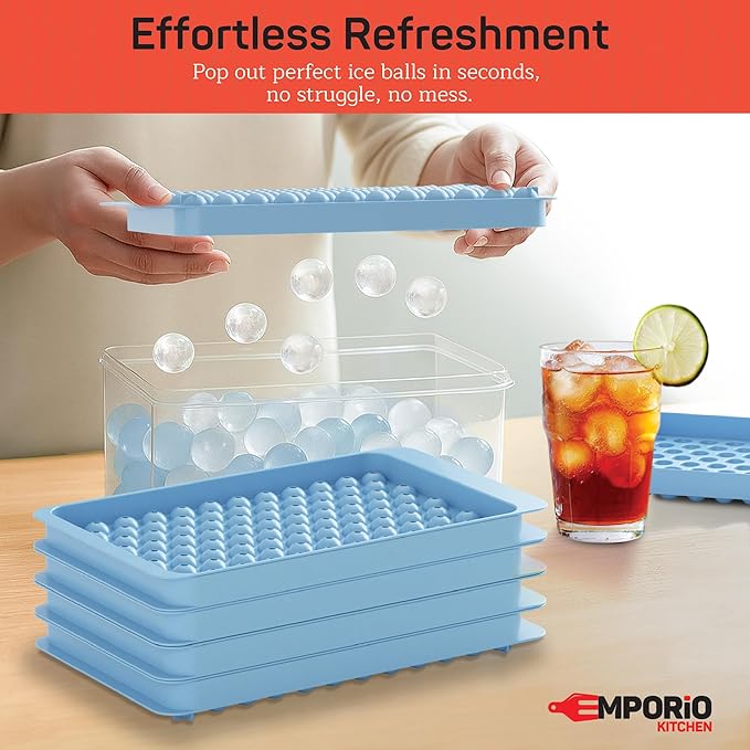 Emporio Kitchen Round Ice Cube Tray Set Pack of 1, BPA-Free Stackable Trays with Lid & Tongs, 104 Ice Balls Per Tray for Whiskey, Drinks, and Cocktails, Quick Release Round Ice Cube Mold, Blue