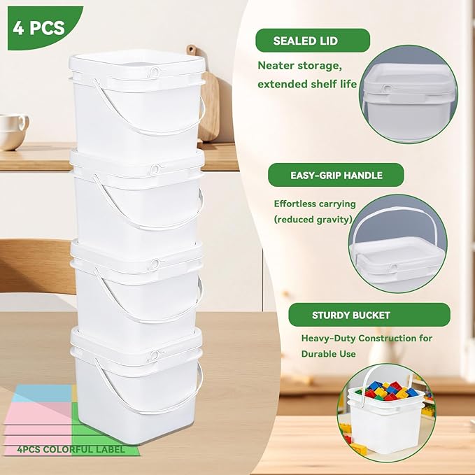 Food Storage Buckets with Lids - 4 Set Square Clear Plastic Containers, Airtight Pressure Seal & Handle for Kitchen Freezer Prep (White, 68 oz)