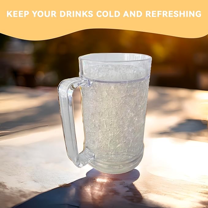 Lily's Home Freezer Beer Mugs with Handles, 16 oz Set of 4 – Clear Frosted Double Wall Insulated Acrylic, Gel-Filled, Break-Resistant for Home Bar, Pool Parties, BBQ & Outdoor