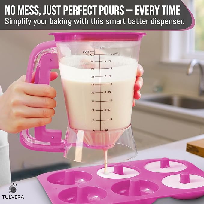 Pancake Batter Dispenser | 5-Cup Mix Pourer for Pancakes, Waffles, Crepes, Muffins, Cupcakes | Squeeze Handle, Portion Control Pitcher, Durable Drip-Free Design | Baking Accessories (Raspberry Purple)