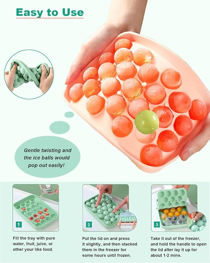 Silicone Ice Cube Molds 2 Pack, Round Ice Cube Tray Silicone with Lid, Flexible 25-Cavity Easy Release Ice Trays for Freezer, DIY Homemade Ice Cubes for Cocktail, Whiskey, Juice, BPA Free