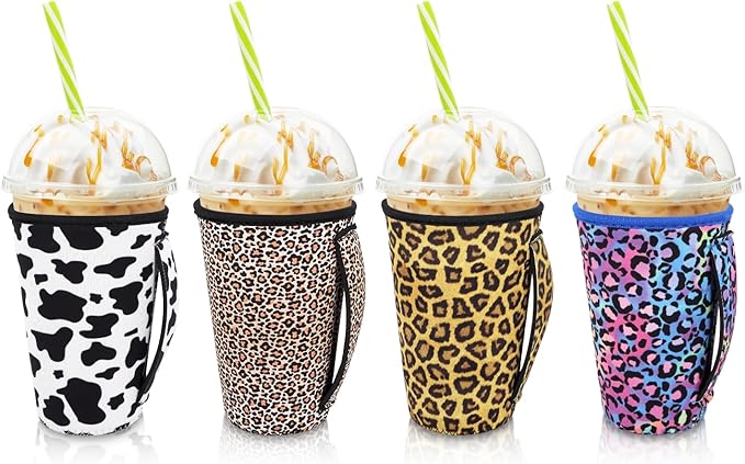 4Pack Reusable Iced Coffee Sleeve Insulator Sleeves for Cold Drinks Beverages, Neoprene Cup Holder for Most Coffee, Fits 30-32oz Large Cups (Animal Pattern With Handle)