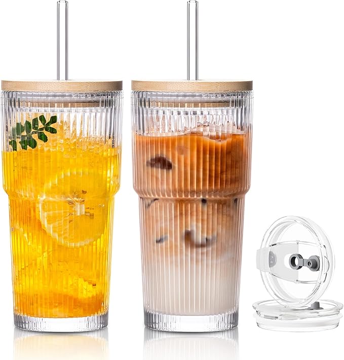 SoulTimes 20oz Glass Cups with Lids and Straws, Ribbed Glass Tumbler for Iced Coffee, Smoothie, Juice & Cold Drinks, Reusable Thick Glassware Set, Elegant Home & Travel Drinkware【2 Pack】