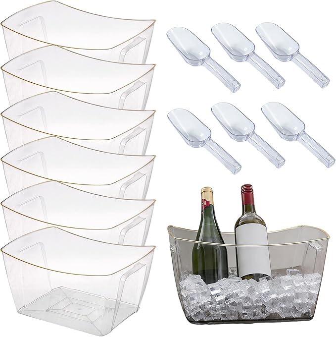 6-Piece Ice Bucket Set with Plastic Scoops | Leak-Proof Large Ice Buckets for Parties, Bars, Outdoor Events | Chilling Containers for Wine, Champagne, Beer (Acrylic, Square-Clear)