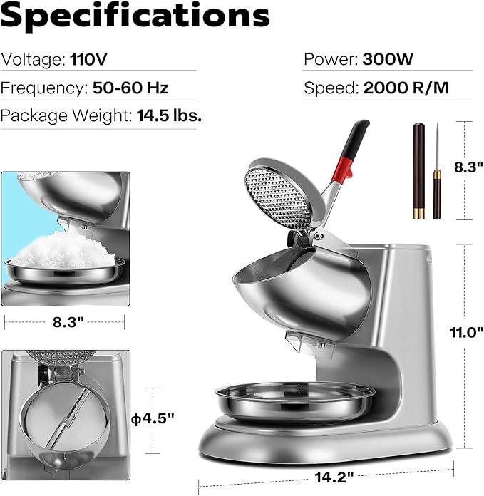 VIVOHOME 11 Inch Height Dual Blades Ice Crusher Shaver 300W 2000 rpm Snow Cone Maker Machine Silver Electric with Ice Pick for Home and Commercial Use