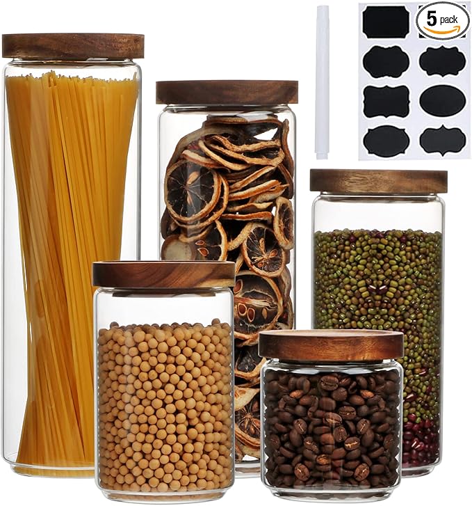 Flrolove Glass Canisters With Wooden Lids Kitchen Jars for Storage,Tea,Sugar and Coffee Container Set,Set of 5 Canisters for Candy, Cookie, Rice and Spice Jars