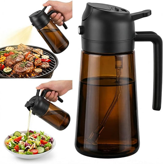 16oz/470ml Oil Sprayer for Cooking, 2 in 1 Oil Dispenser for Kitchen, Olive Oil Sprayer, Food Grade Glass Bottle for Kitchen Gadgets, Air Fryer Accessories, Salad, BBQ (Black)