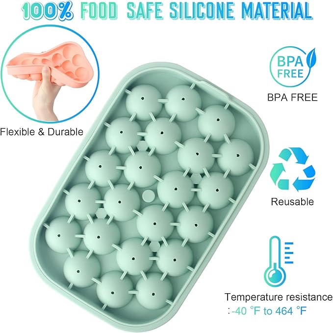 Ice Cube Tray, 2 Pack Flexible Silicone 22 Ice Balls Maker with Lid BPA Free Easy-Release Ice Cube Trays for Freezer, DIY Homemade Round Ice Cubes for Whiskey, Cocktails, Coffee