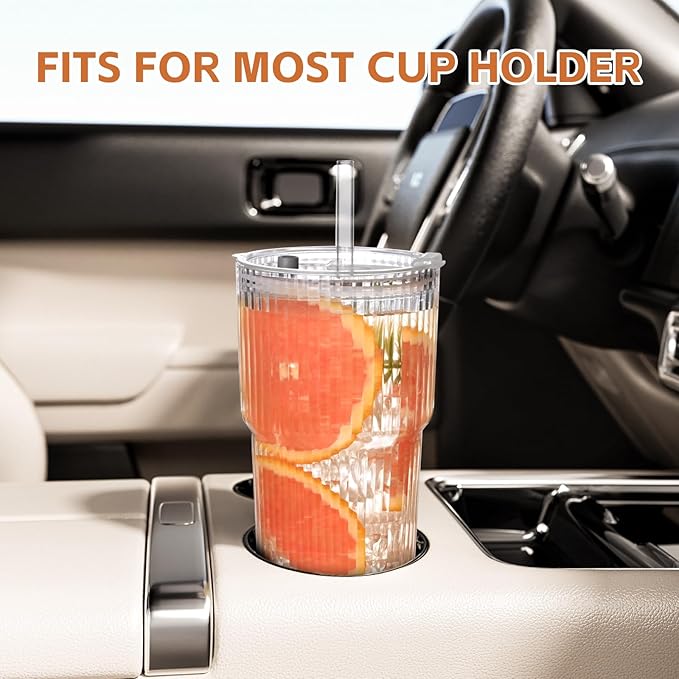 20oz Ribbed Glass Cups with Lids and Straws,4PCS Glass Tumbler with Straw and Lid, Iced Coffee Cups Drinking Glasses for Juice,Smoothies,Cocktail