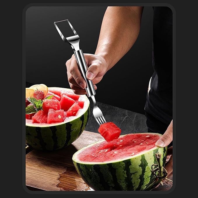 2-in-1 Watermelon Slicer & Fork, Watermelon Fork Slicer Cutter, Stainless Steel Fruit Cutter Tool for Watermelon, Mango, Pitaya,Portable for Camping, Picnics, Home, Parties (Sliver)