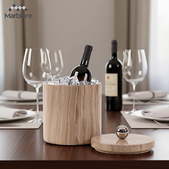 Ice Bucket Marble with Lid 6 Inch Natural Brown Stone Wine & Champagne Chiller Small Ice Container for Parties Drink Cooler for Home Bar And Earth Day Decoration
