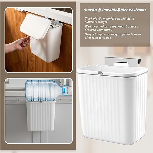 2.4 Gallon Kitchen Compost Bin for Counter Top Under Sink, Hanging Small Waste Basket Trash Can with Lid Wall Mounted Indoor Garbage Bucket for Cabinet Cupboard Bedroom Bathroom Office Camping