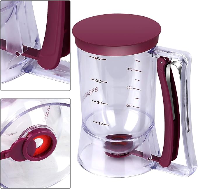 BBSTARZ Pancake Batter Dispenser – 4-Cup Batter Dispenser with Squeeze Handle & Measuring Marks for Pancakes, Waffles, Muffins, Crepes & Cupcakes – Baking Tool (purple)
