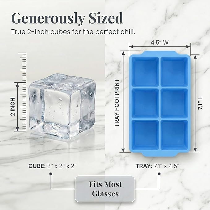 KitchFort Large Silicone Ice Cube Tray (2-Pack), Easy Release 2" Big Ice Cubes - Cocktail, Whiskey Ice Cubes Mold - Ice Trays for Freezer with Lid - Stackable Silicone Ice Tray - Blue