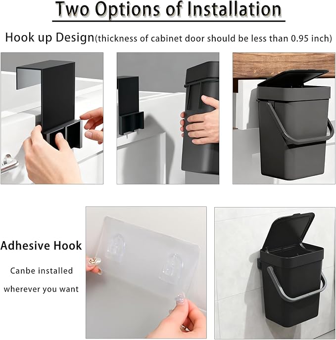 Compost Bin Kitchen, for use on Countertops or Under Sinks, Hanging Trash Can with Lid, Mountable Indoor Compost Bucket, for Cupboard/Bathroom/Bedroom/Office/Camping (Black 0.8 Gallon/3L)