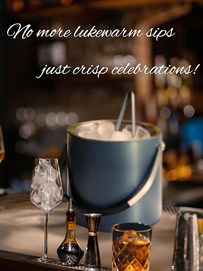 Bakpoco 4L Ice Bucket with Silicone Lid, Scoop, Tongs & Strainer, Stainless Steel Double Wall Insulated Ice Buckets for Parties & Cocktail Bar, Outdoor Champagne Ice Container Bin, Navy