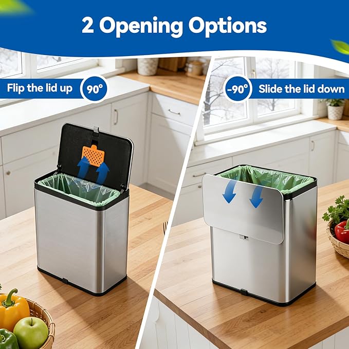 Kitchen Compost Bin with Lid, 2.1 Gallon Stainless Steel Trash Can for Countertop or Under Sink, Hanging Small Kitchen Trash Bin with Removable Inner Bucket, Charcoal Filter for Odor Control
